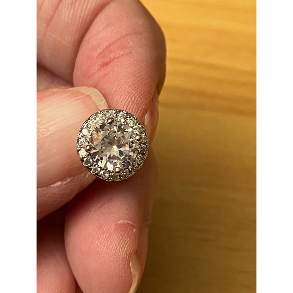 Silver Tone Round Halo Cubic Zirconia Stud Earrings Clear Stone Post Backs - Picture 2 of 3